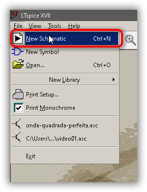 Image Opcão File -> New Schematic no menu para criar um novo diagrama esquemático