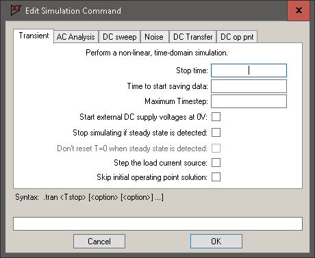 Image Tela de configuração da simulação aberta na aba Transient